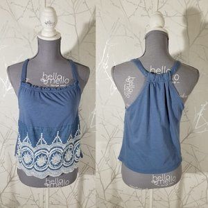 Zara Blue White Floral Embroidered Scalloped Tank